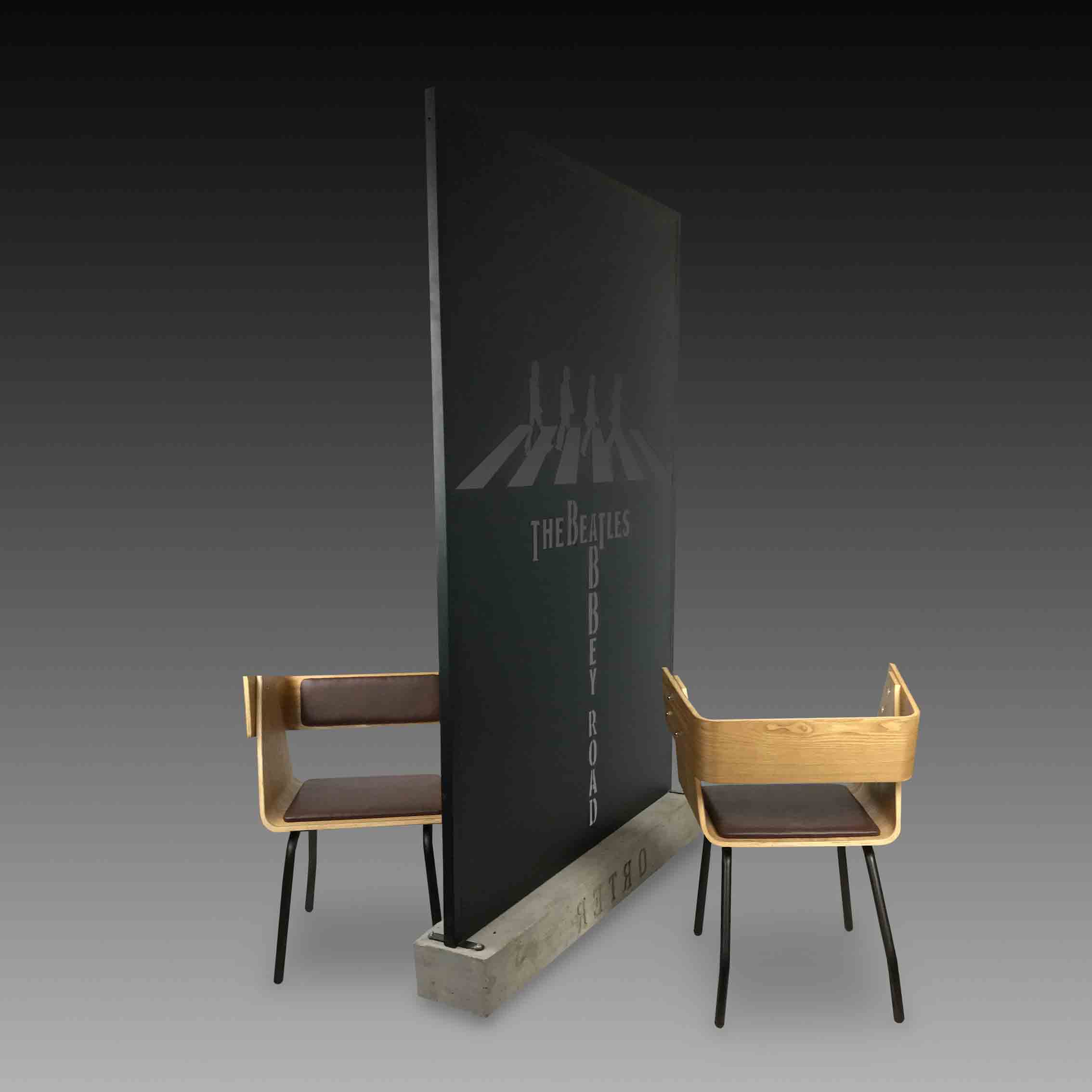 Beatles room divider with concrete base 1and 2 wooden chairs 1
