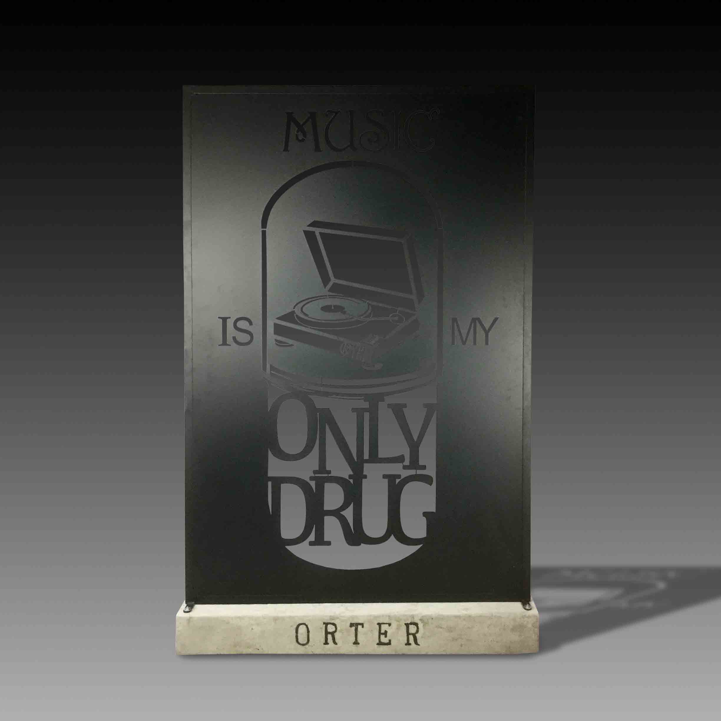 Music metal room signage with concrete base