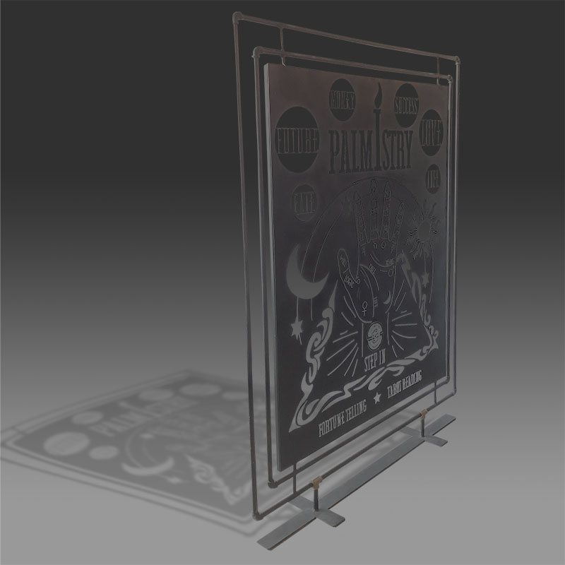 Palmistry metal room divider with metal base diagonal view
