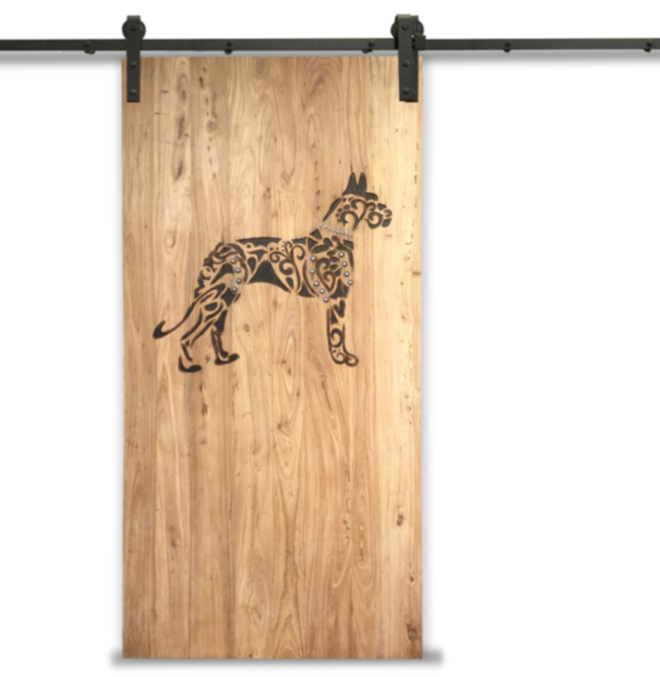 Smoke studded boxer charred barn door