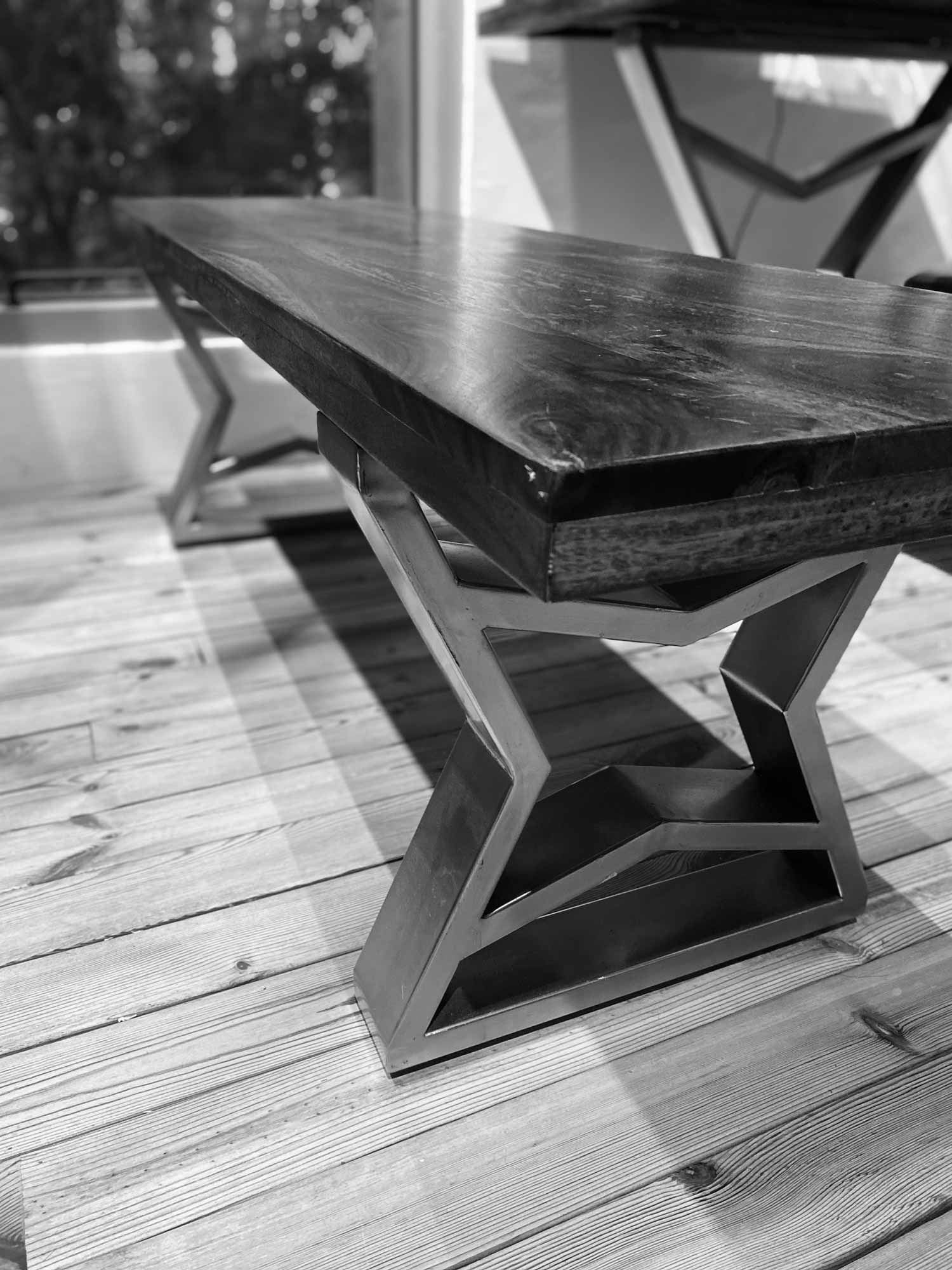 vintage wood bench with designer stand