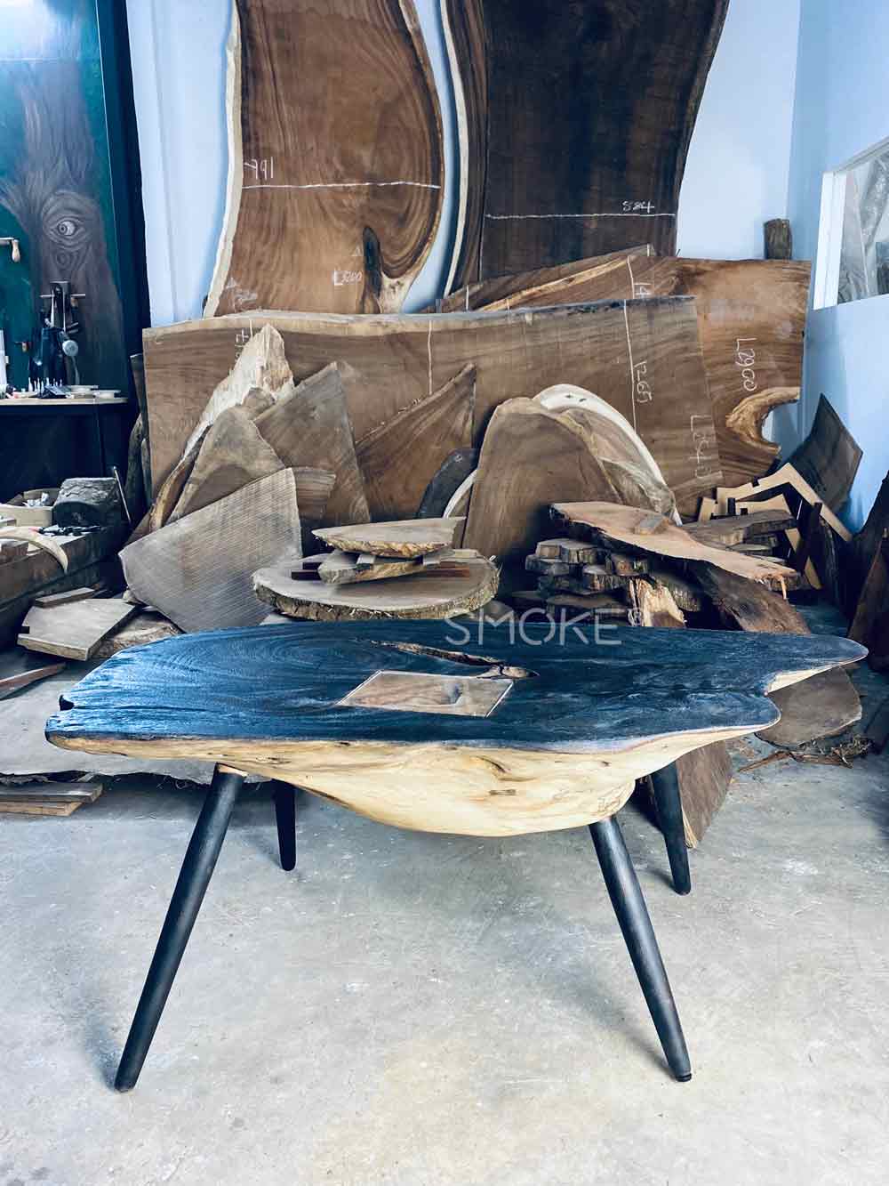 charred wooden table